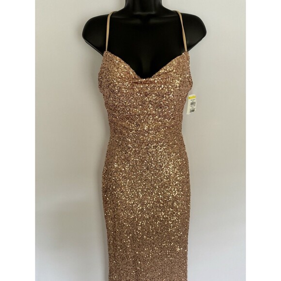 La Femme NWT Rose Blush Gold Sequin Floor Length Gown Tie Back Size 4 $398 - Picture 1 of 10